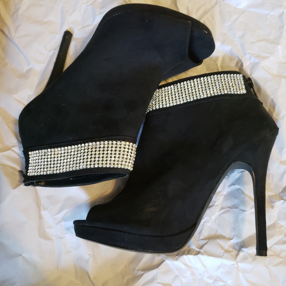 Black Rhinestone Suede Open Toe Booties